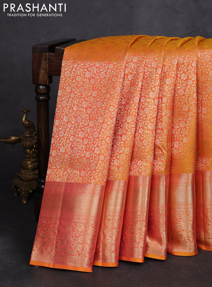 Pure kanchipuram silk saree mango yellow with allover zari woven brocade weaves and long rich zari woven border