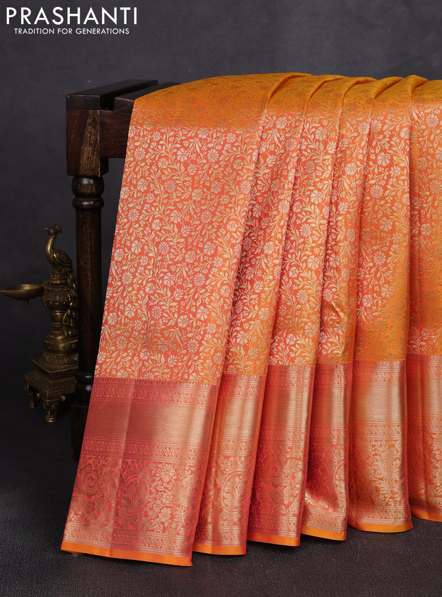 Pure kanchipuram silk saree mango yellow with allover zari woven brocade weaves and long rich zari woven border