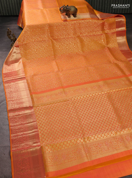 Pure kanchipuram silk saree mango yellow with allover zari woven brocade weaves and long rich zari woven border
