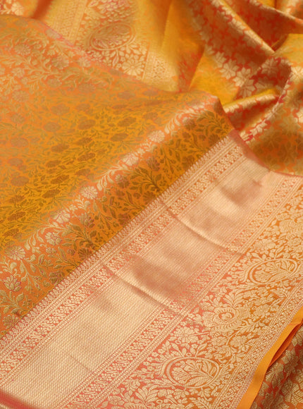 Pure kanchipuram silk saree mango yellow with allover zari woven brocade weaves and long rich zari woven border