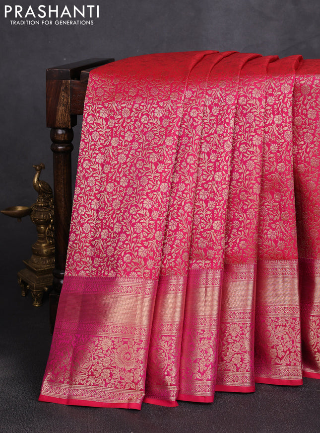 Pure kanchipuram silk saree pink with allover zari woven brocade weaves and long rich zari woven border