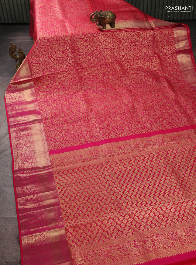 Pure kanchipuram silk saree pink with allover zari woven brocade weaves and long rich zari woven border