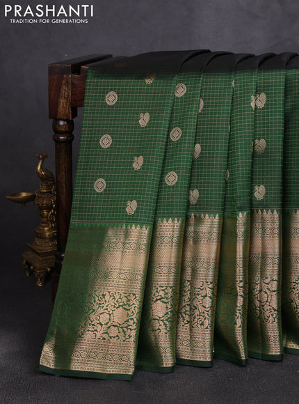 Pure kanchipuram silk saree bottle green with allover zari small checks & buttas and long rich zari woven border