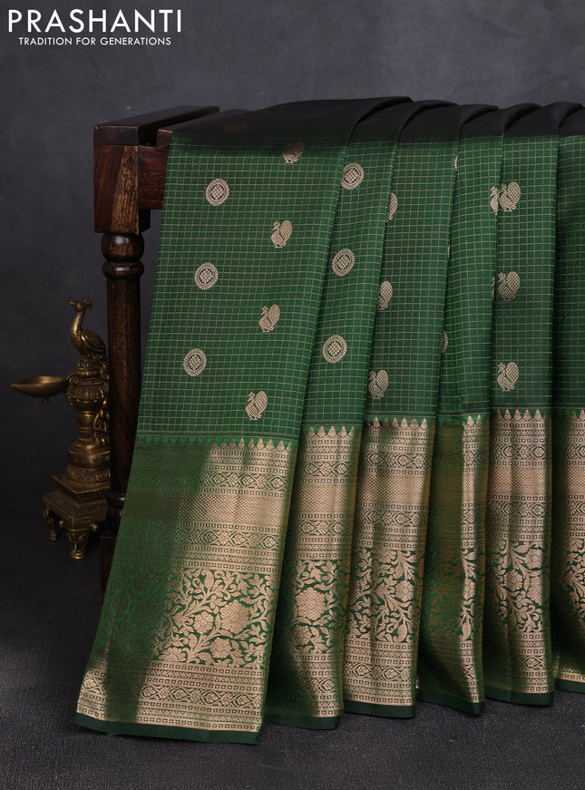 Pure kanchipuram silk saree bottle green with allover zari small checks & buttas and long rich zari woven border