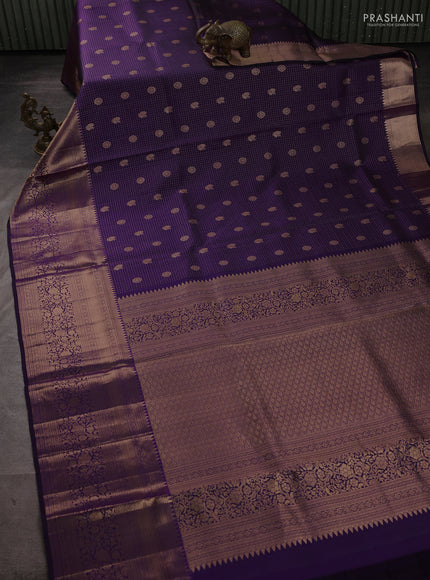 Pure kanchipuram silk saree violet with allover zari small checks & buttas and long rich zari woven border