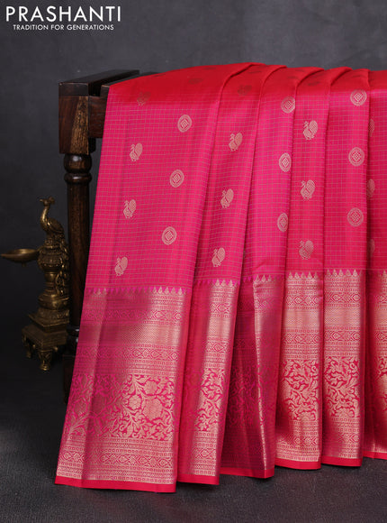 Pure kanchipuram silk saree tomato pink with allover zari small checks & buttas and long rich zari woven border
