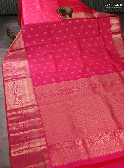 Pure kanchipuram silk saree tomato pink with allover zari small checks & buttas and long rich zari woven border