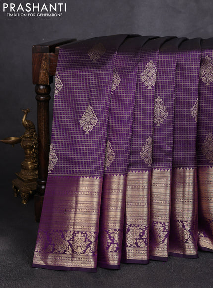 Pure kanchipuram silk saree violet with allover zari small checks & buttas and long rich zari woven border