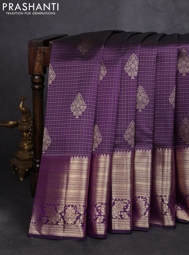 Pure kanchipuram silk saree violet with allover zari small checks & buttas and long rich zari woven border