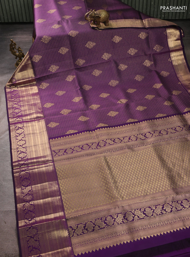 Pure kanchipuram silk saree violet with allover zari small checks & buttas and long rich zari woven border