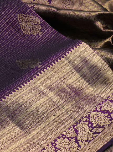 Pure kanchipuram silk saree violet with allover zari small checks & buttas and long rich zari woven border