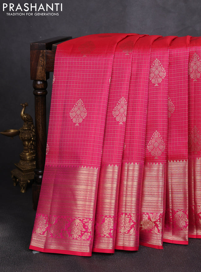 Pure kanchipuram silk saree pink with allover zari small checks & buttas and long rich zari woven border