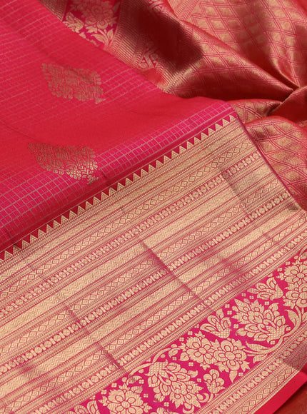 Pure kanchipuram silk saree pink with allover zari small checks & buttas and long rich zari woven border