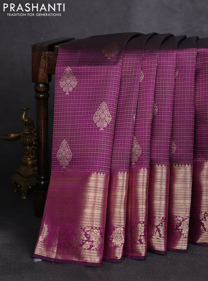 Pure kanchipuram silk saree deep purple with allover zari small checks & buttas and long rich zari woven border