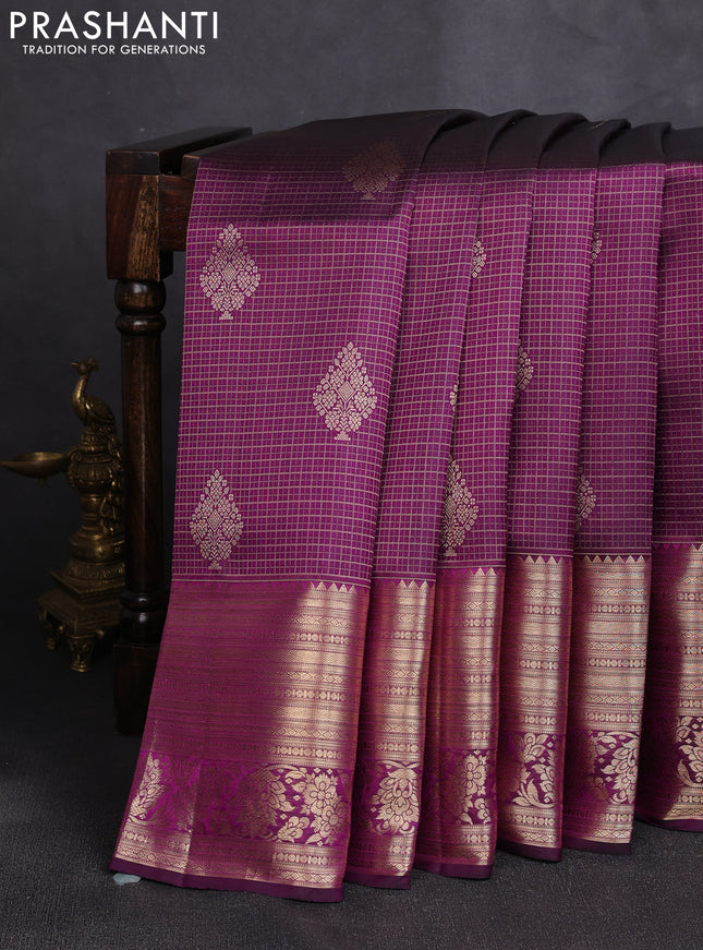 Pure kanchipuram silk saree deep purple with allover zari small checks & buttas and long rich zari woven border