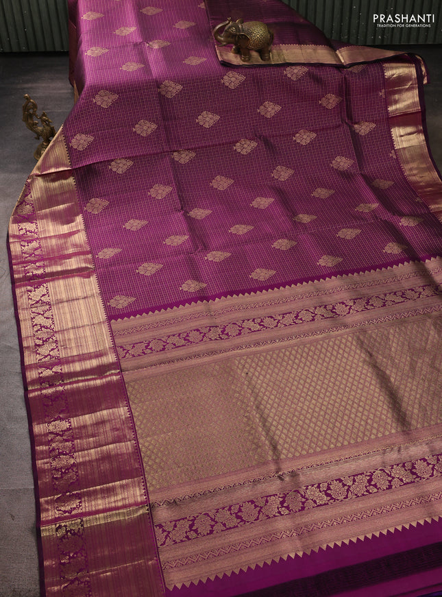 Pure kanchipuram silk saree deep purple with allover zari small checks & buttas and long rich zari woven border