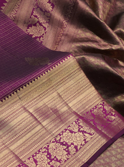Pure kanchipuram silk saree deep purple with allover zari small checks & buttas and long rich zari woven border