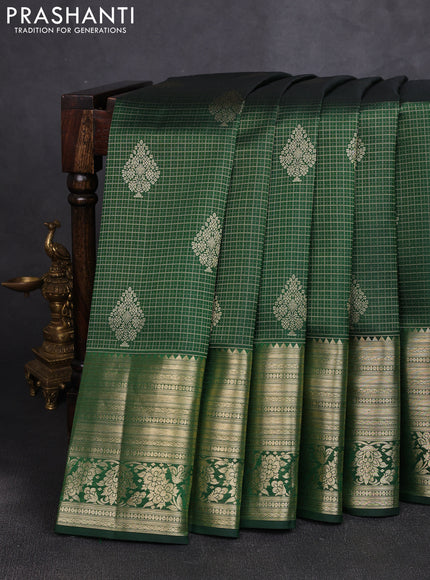 Pure kanchipuram silk saree bottle green with allover zari small checks & buttas and long rich zari woven border