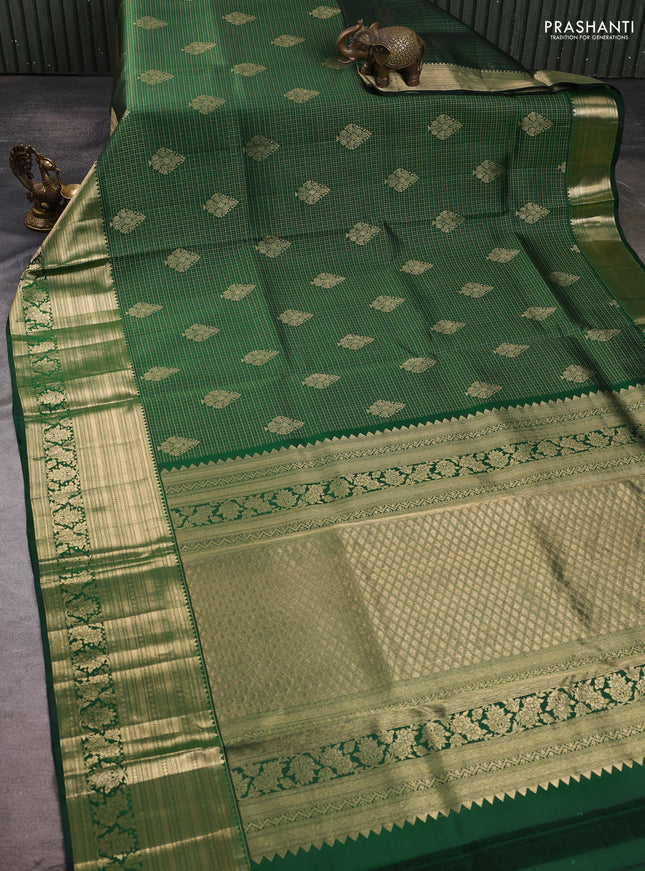 Pure kanchipuram silk saree bottle green with allover zari small checks & buttas and long rich zari woven border