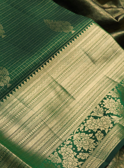 Pure kanchipuram silk saree bottle green with allover zari small checks & buttas and long rich zari woven border