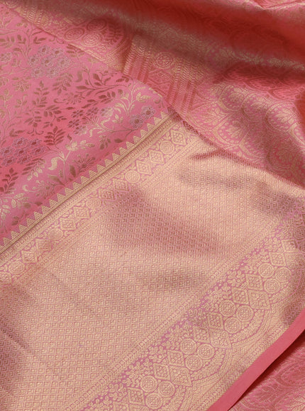 Pure kanchipuram silk saree peach pink with allover brocade weaves and long rich zari woven border