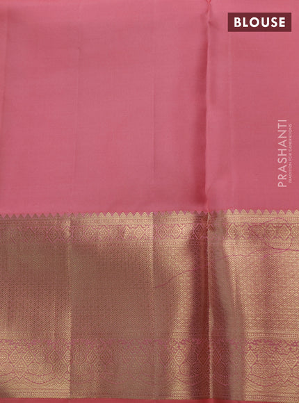 Pure kanchipuram silk saree peach pink with allover brocade weaves and long rich zari woven border