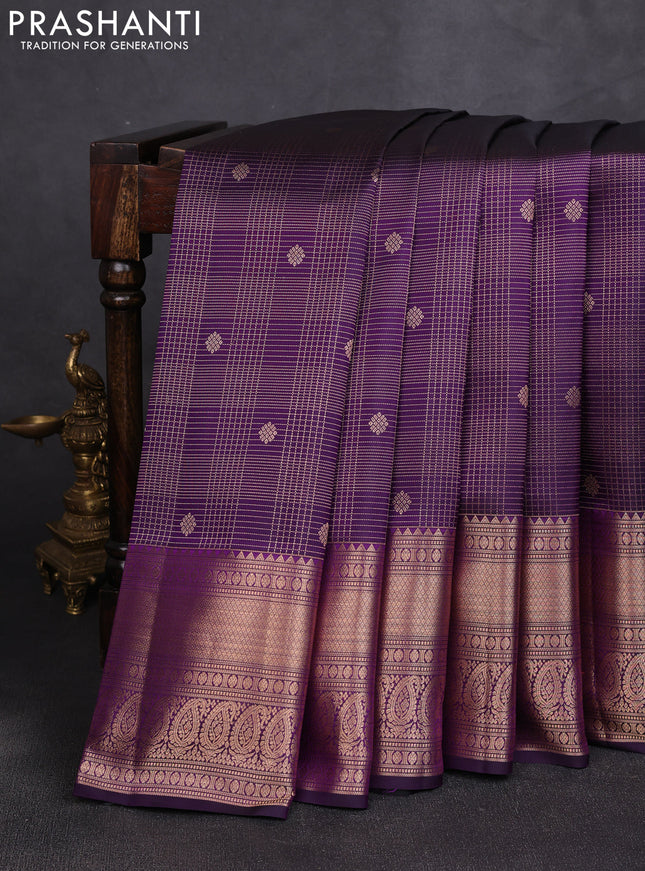 Pure kanchipuram silk saree deep purple with allover zari small checks & buttas and rich zari woven border
