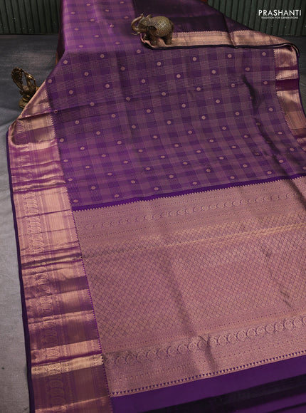 Pure kanchipuram silk saree deep purple with allover zari small checks & buttas and rich zari woven border