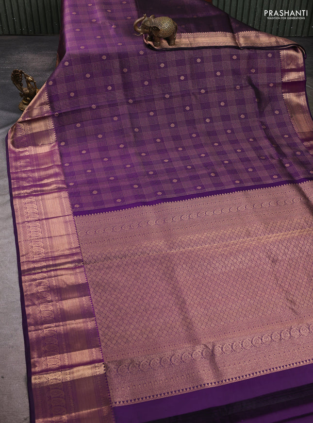 Pure kanchipuram silk saree deep purple with allover zari small checks & buttas and rich zari woven border