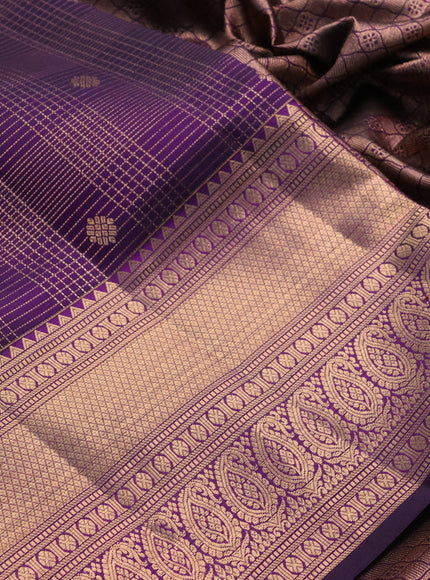 Pure kanchipuram silk saree deep purple with allover zari small checks & buttas and rich zari woven border