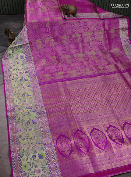 Pure kanchipuram silk saree pink with allover zari woven brocade weaves and zari woven pithani border
