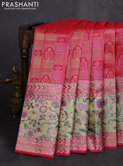 Pure kanchipuram silk saree tomato pink with allover zari woven brocade weaves and zari woven pithani border