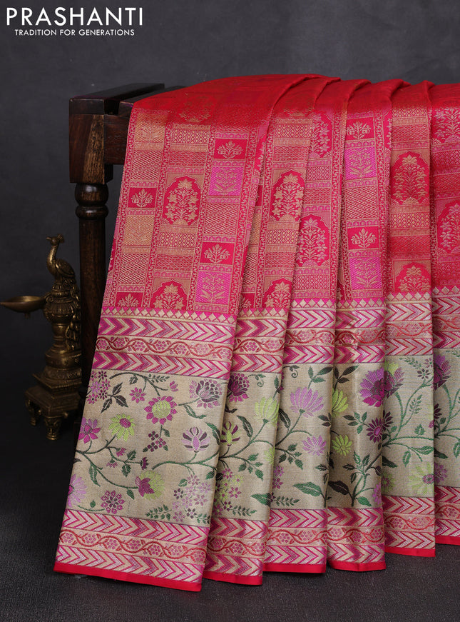 Pure kanchipuram silk saree tomato pink with allover zari woven brocade weaves and zari woven pithani border
