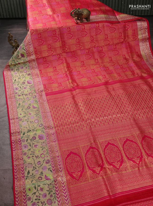 Pure kanchipuram silk saree tomato pink with allover zari woven brocade weaves and zari woven pithani border
