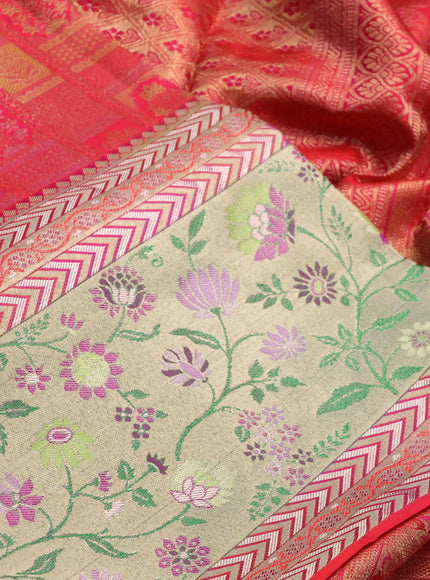 Pure kanchipuram silk saree tomato pink with allover zari woven brocade weaves and zari woven pithani border