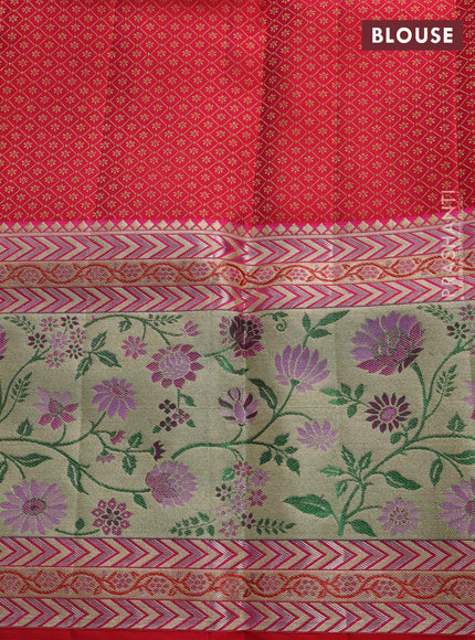 Pure kanchipuram silk saree tomato pink with allover zari woven brocade weaves and zari woven pithani border