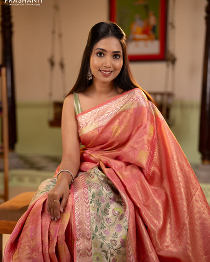 Pure kanchipuram silk saree peach pink with allover zari woven brocade weaves and long zari woven pithani border