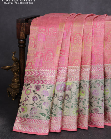 Pure kanchipuram silk saree peach pink with allover zari woven brocade weaves and long zari woven pithani border