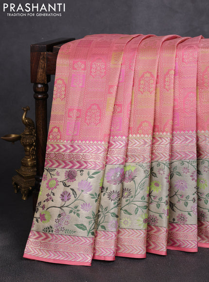 Pure kanchipuram silk saree peach pink with allover zari woven brocade weaves and long zari woven pithani border