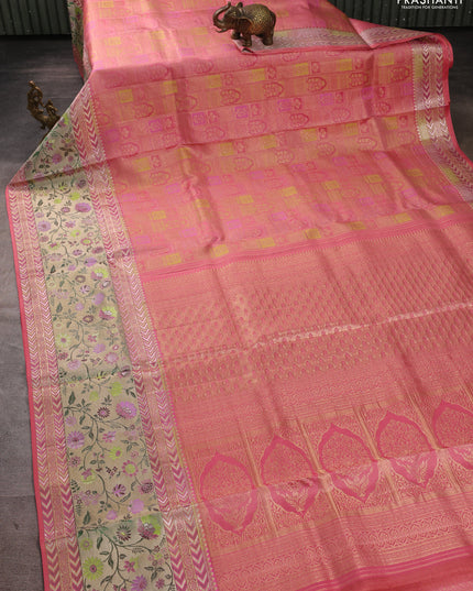 Pure kanchipuram silk saree peach pink with allover zari woven brocade weaves and long zari woven pithani border