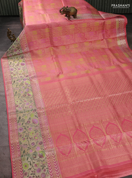 Pure kanchipuram silk saree peach pink with allover zari woven brocade weaves and long zari woven pithani border