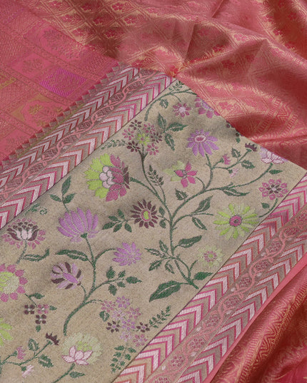 Pure kanchipuram silk saree peach pink with allover zari woven brocade weaves and long zari woven pithani border