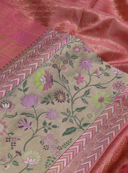 Pure kanchipuram silk saree peach pink with allover zari woven brocade weaves and long zari woven pithani border