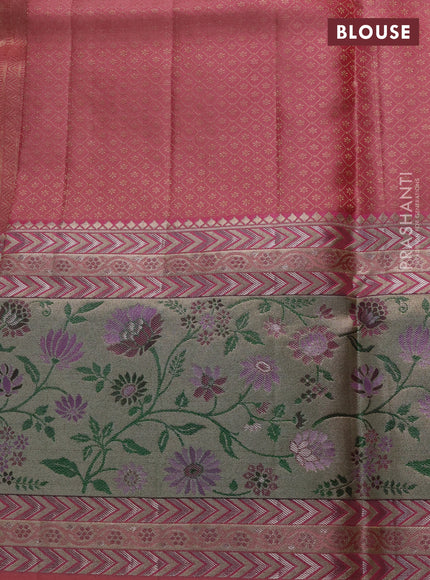 Pure kanchipuram silk saree peach pink with allover zari woven brocade weaves and long zari woven pithani border
