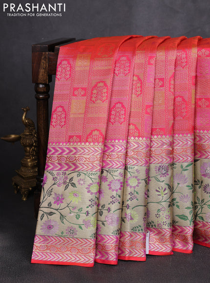 Pure kanchipuram silk saree orange with allover zari woven brocade weaves and long zari woven pithani border