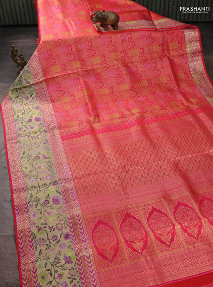 Pure kanchipuram silk saree orange with allover zari woven brocade weaves and long zari woven pithani border