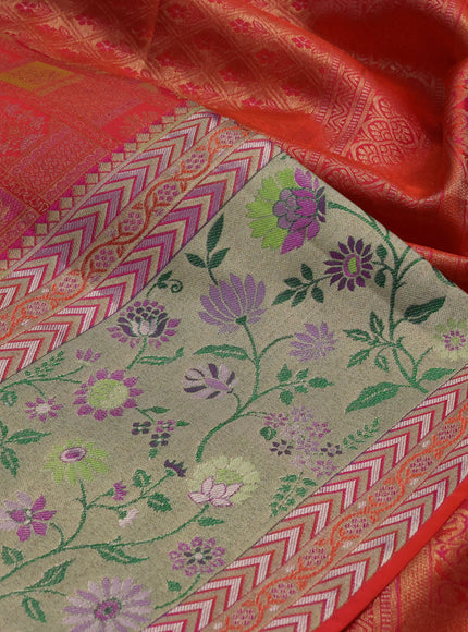 Pure kanchipuram silk saree orange with allover zari woven brocade weaves and long zari woven pithani border