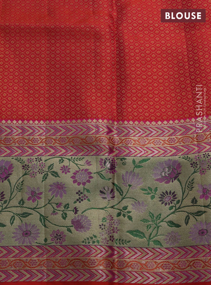 Pure kanchipuram silk saree orange with allover zari woven brocade weaves and long zari woven pithani border