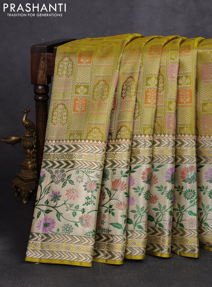 Pure kanchipuram silk saree lime green with allover zari woven brocade weaves and long zari woven pithani border