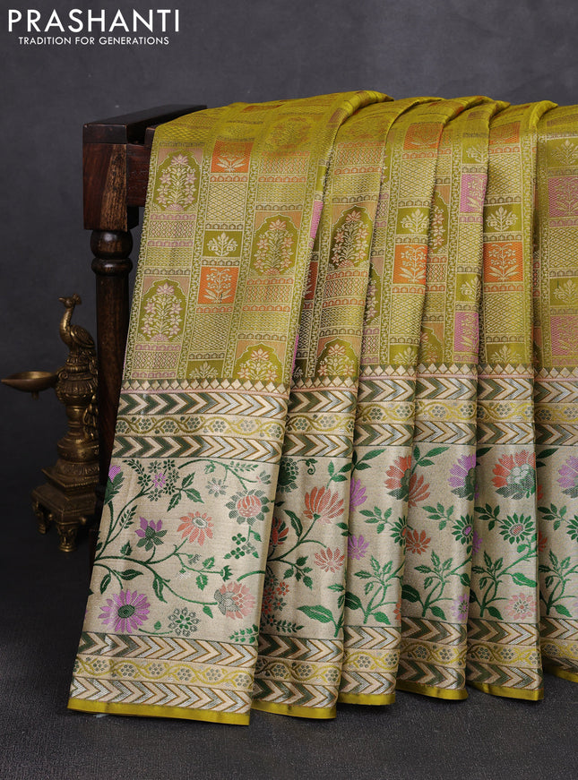 Pure kanchipuram silk saree lime green with allover zari woven brocade weaves and long zari woven pithani border